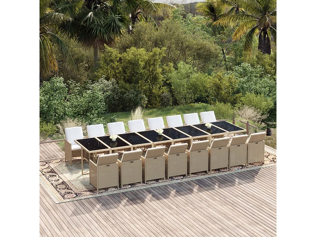 Ensemble à manger de jardin et coussins 17 pcs beige