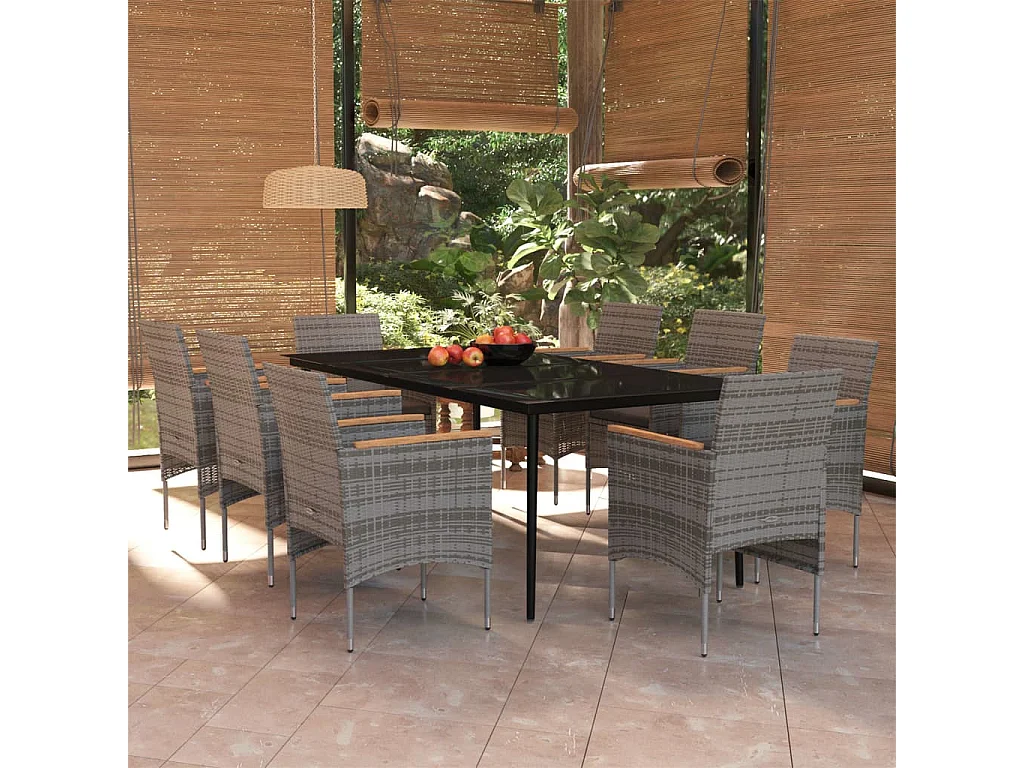 Ensemble à manger de jardin et coussins 9 pcs Gris et noir