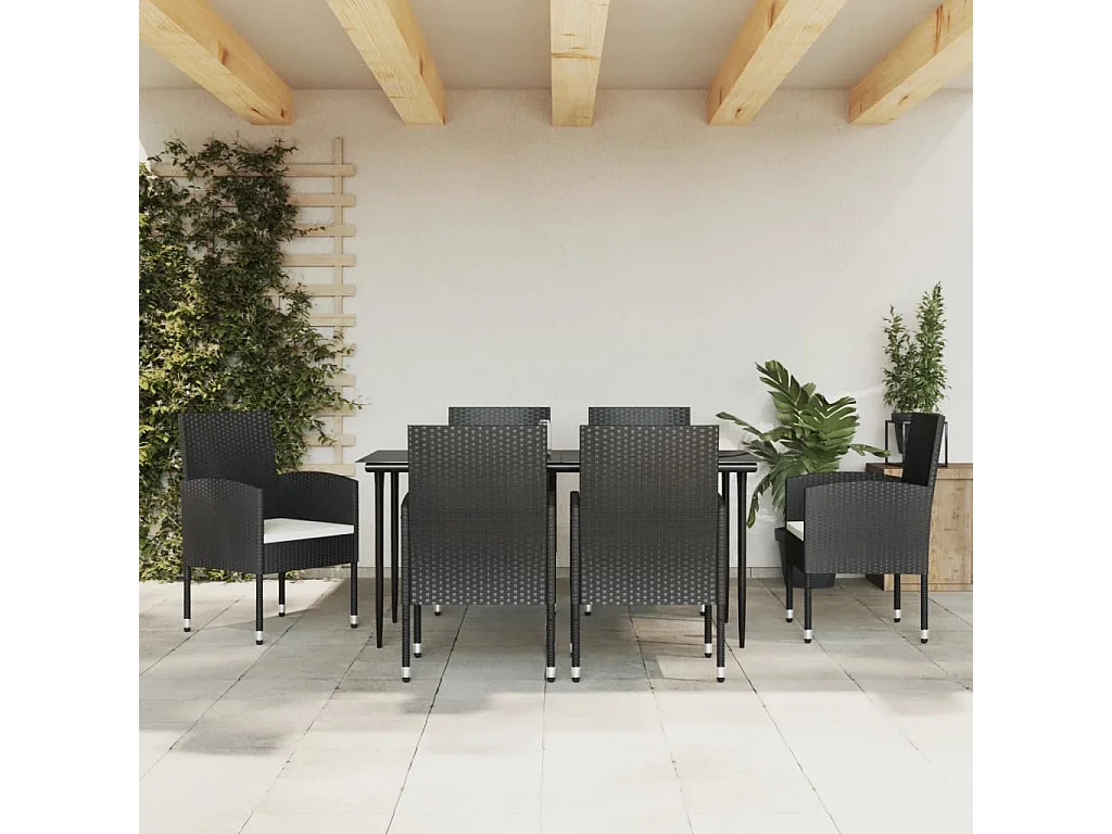 7-tlg. Garten-Essgruppe Schwarz Poly Rattan und Stahl