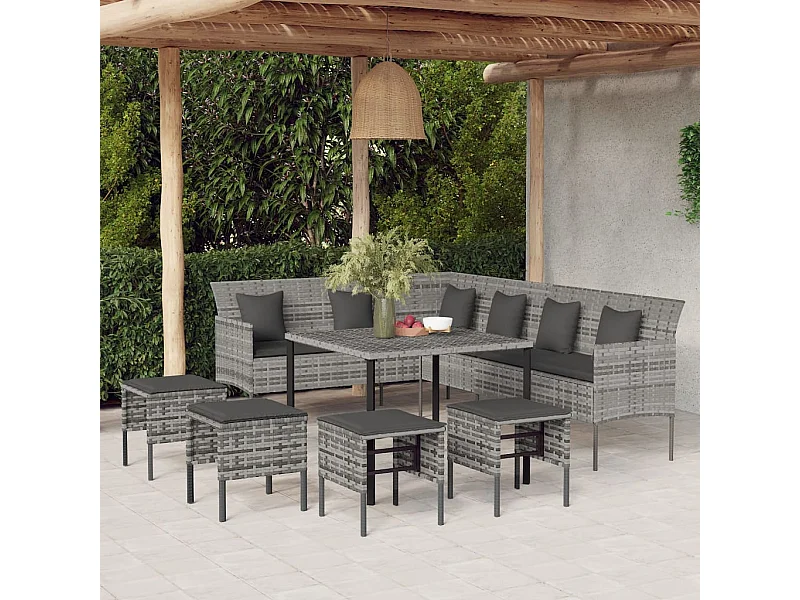 6-tlg. Garten-Essgruppe mit Kissen Grau Poly Rattan