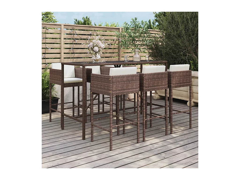 Ensemble de bar de jardin avec coussins 7 pcs marron poly rotin