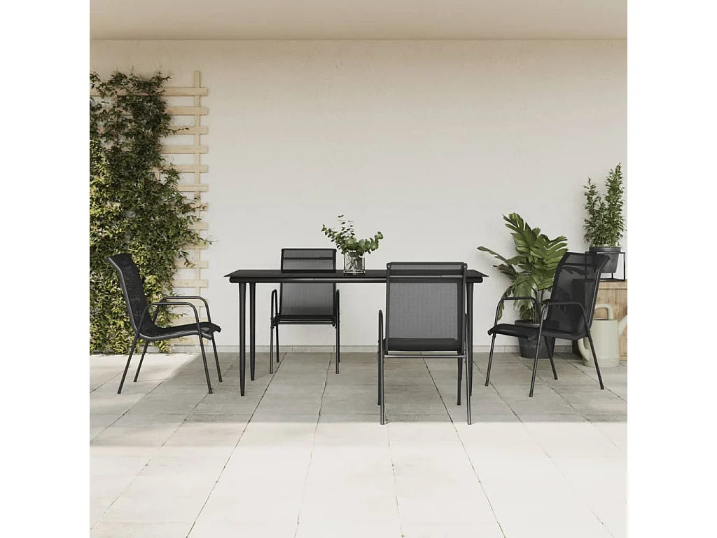 Set da Pranzo da Giardino 5 pz Nero in Acciaio e Textilene