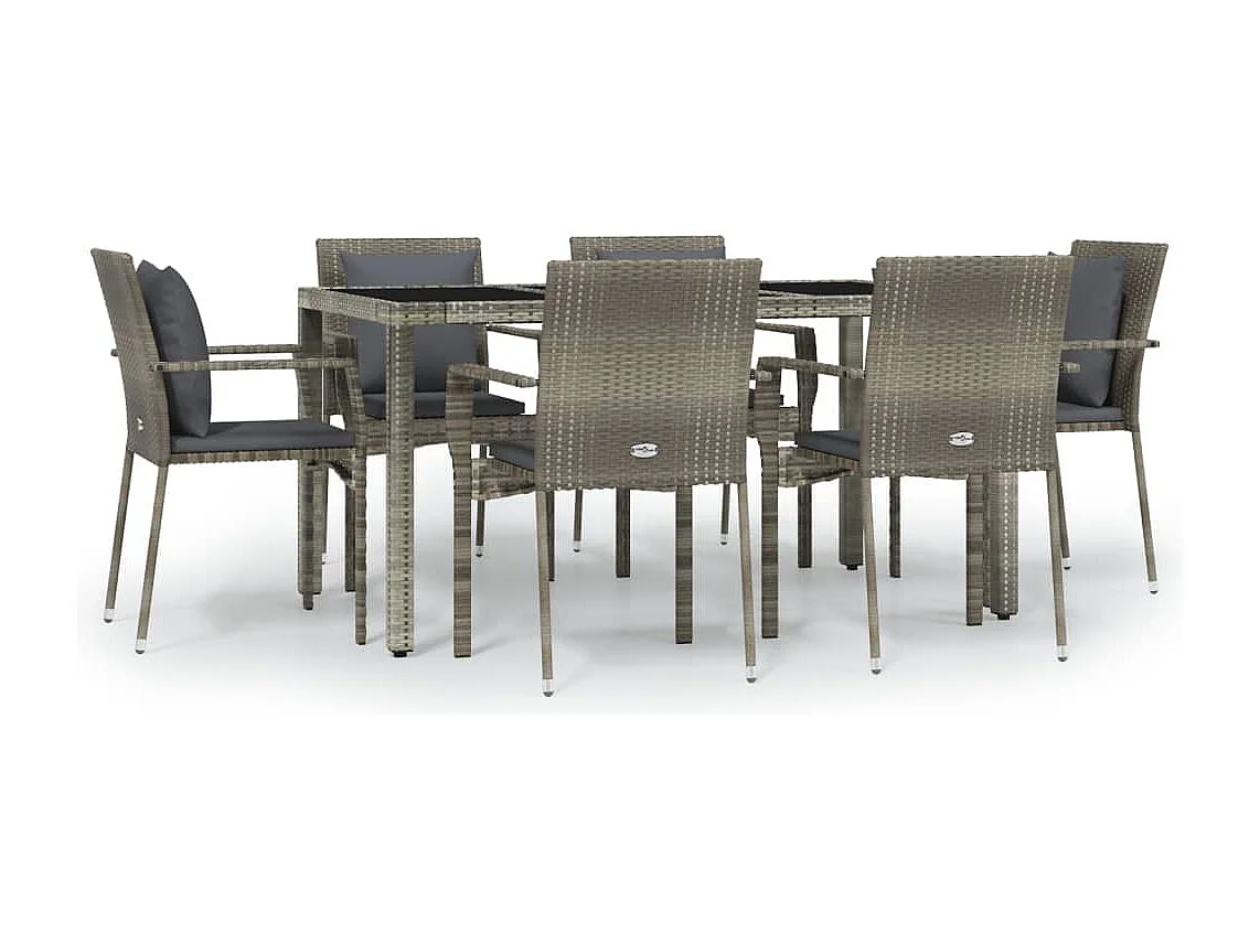 7-tlg. Garten-Essgruppe mit Kissen Grau Poly Rattan