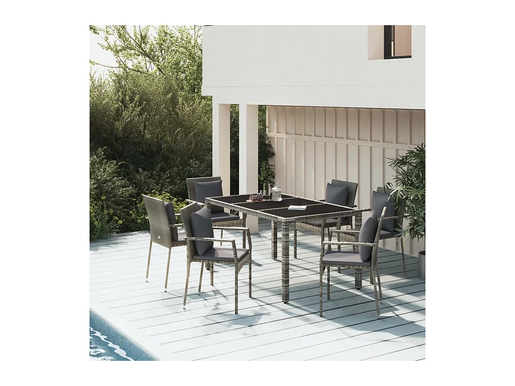 Ensemble à manger jardin et coussins 7 pcs gris rotin