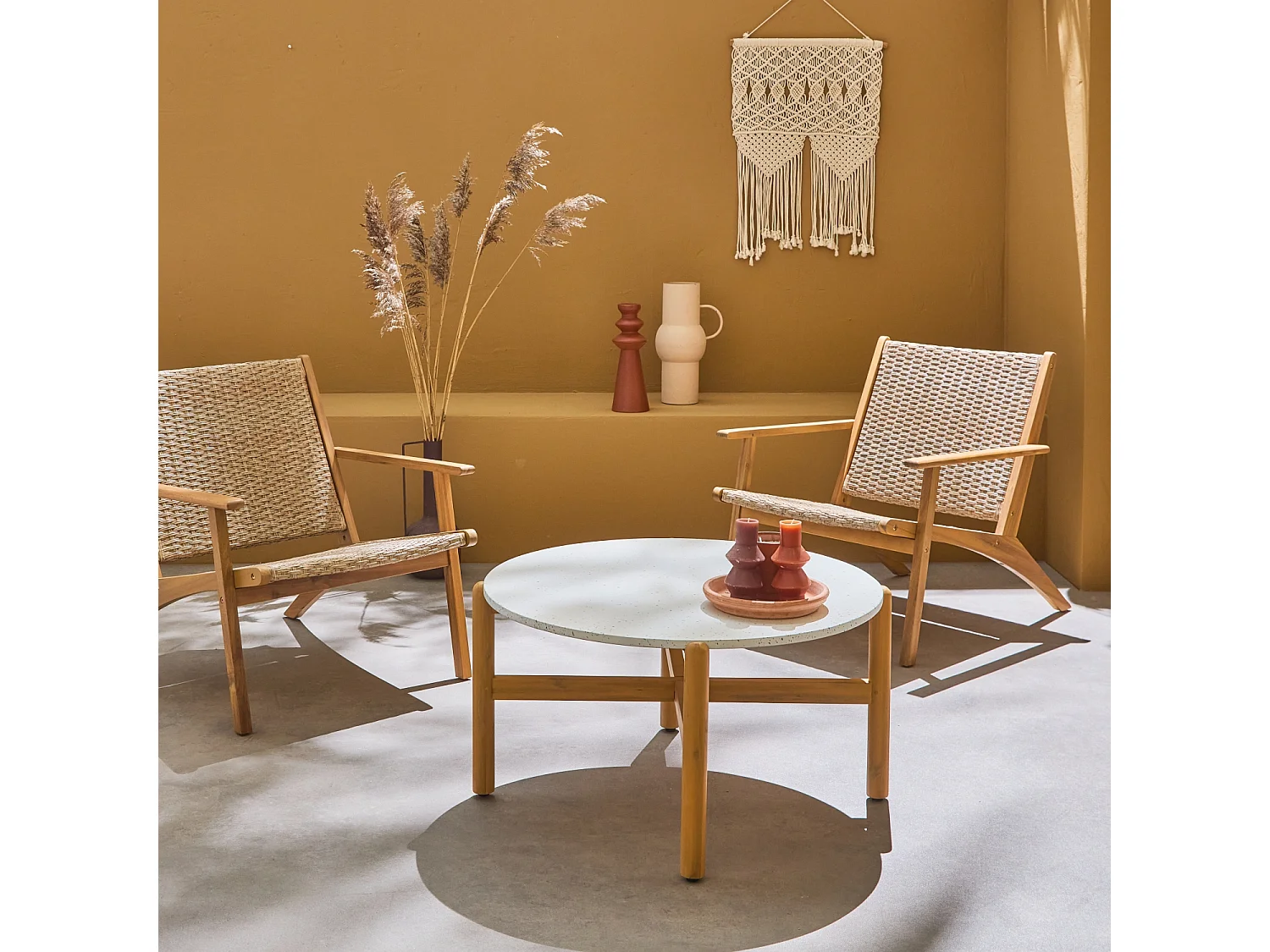 Table basse de jardin SOWA Ø70 x 40cm (13kg). bois d'acacia plateau ciment finition terrazzo