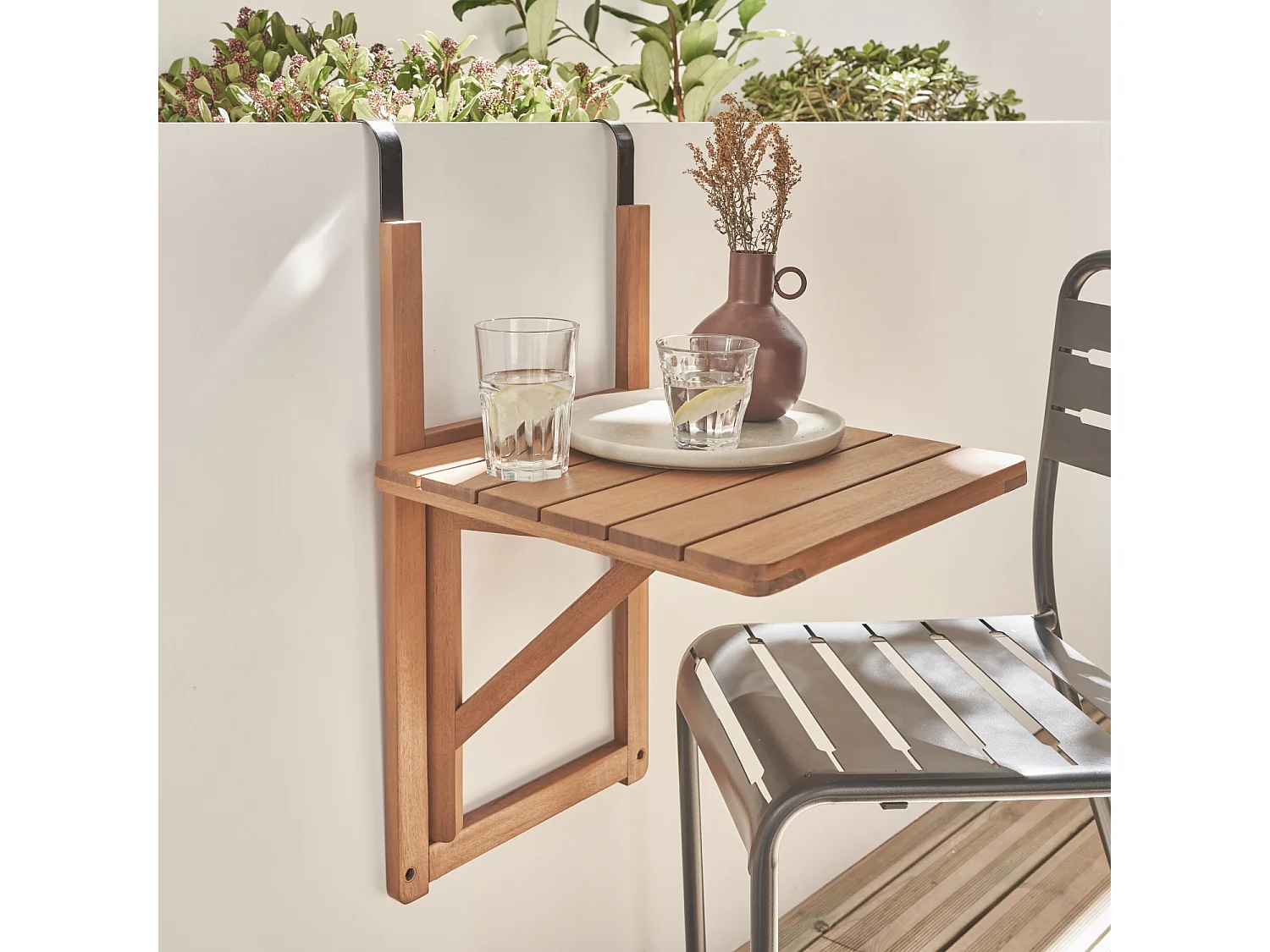 Table d'appoint en bois pour balcon. carrée. rabattable. hauteur ajustable