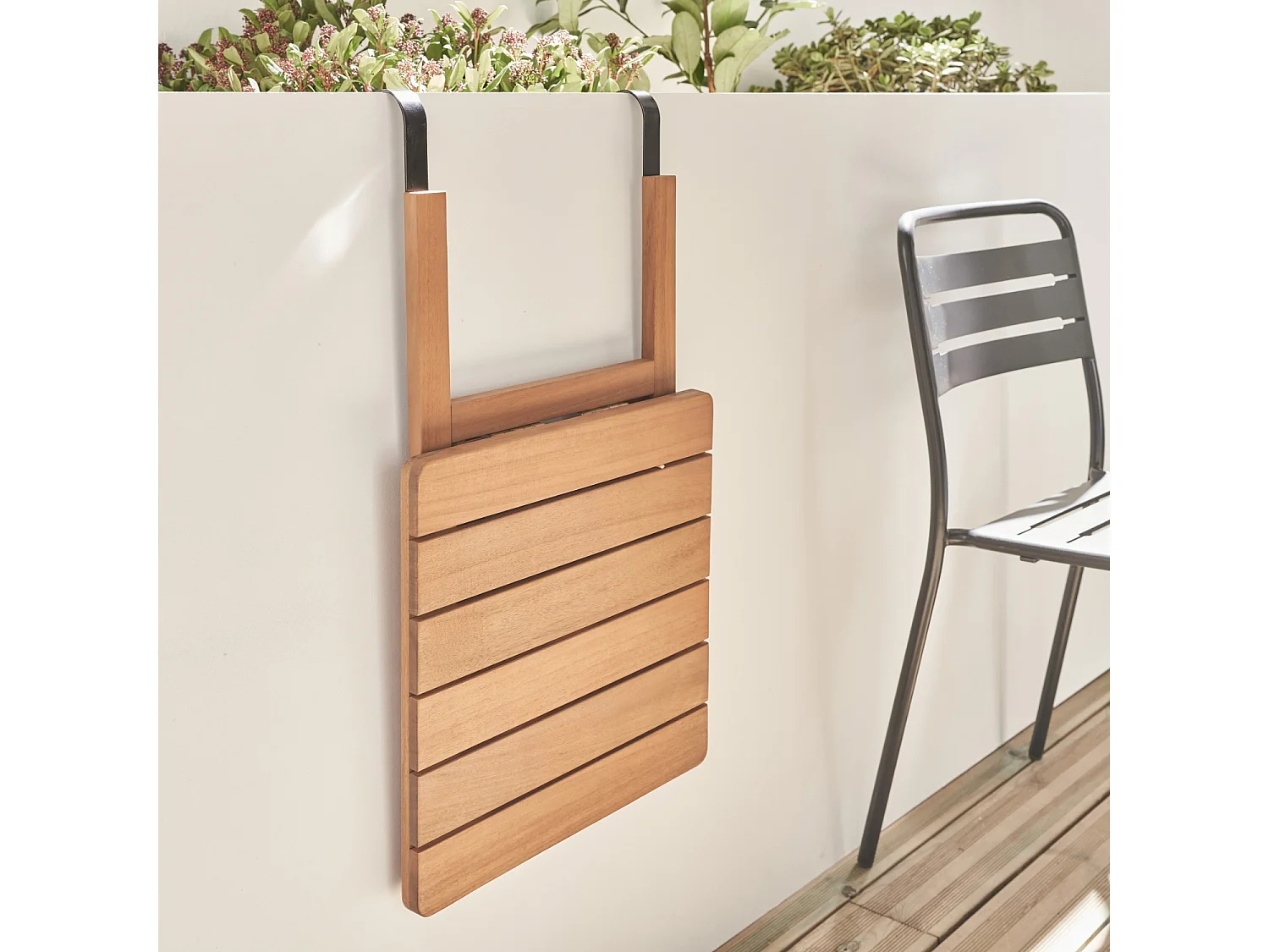 Table d'appoint en bois pour balcon. carrée. rabattable. hauteur ajustable