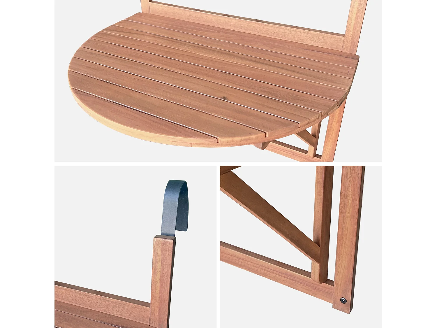 Tavolino in legno, semirotondo, pieghevole, 70cm, marrone naturale