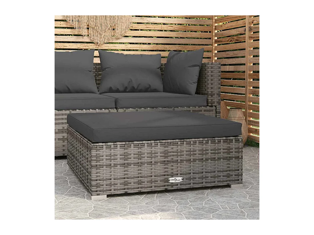 Garten-Fußhocker mit Kissen Grau 70x70x30 cm Poly Rattan