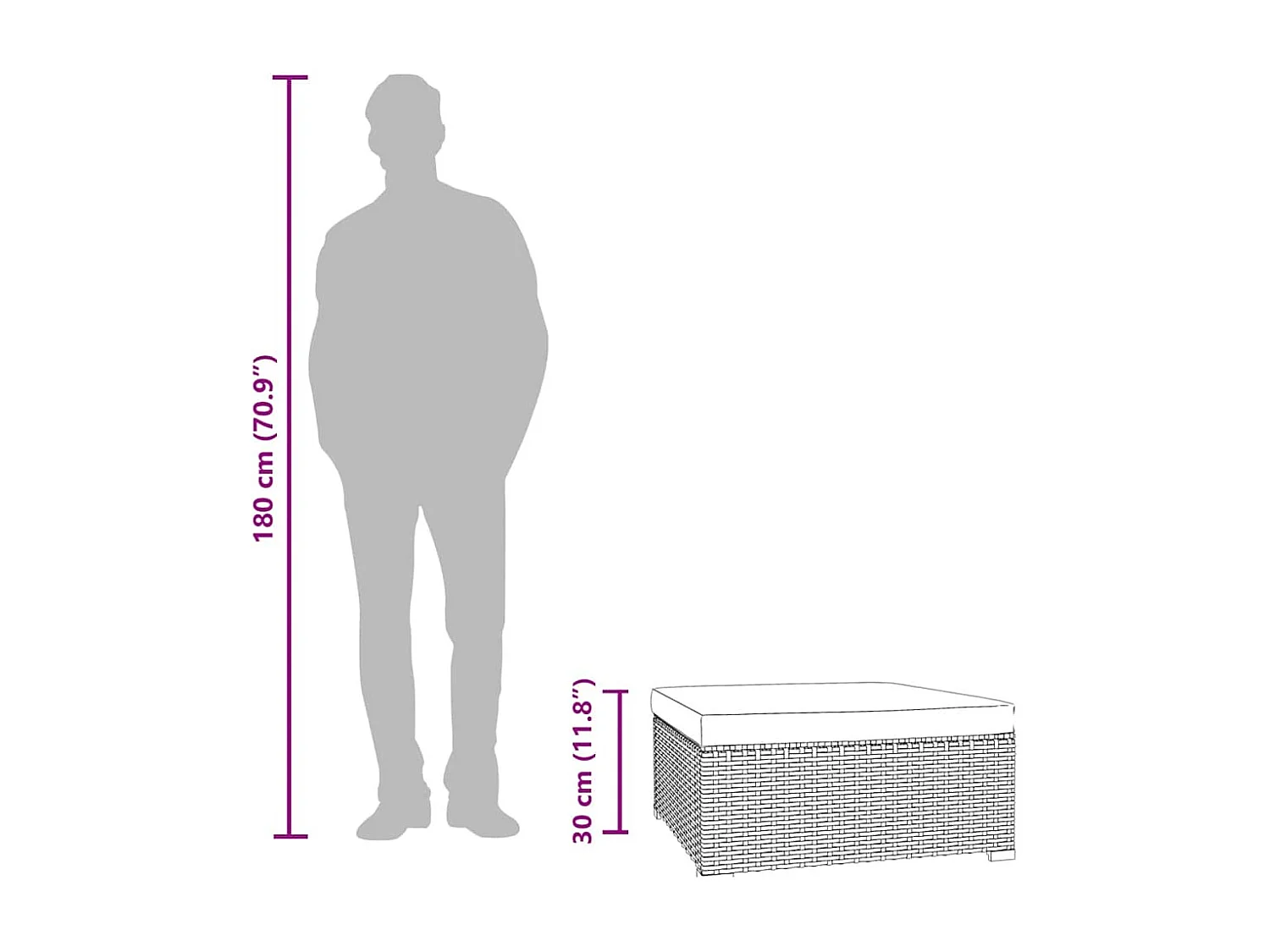 Repose-pied de jardin et coussin Gris 70x70x30cm Résine tressée