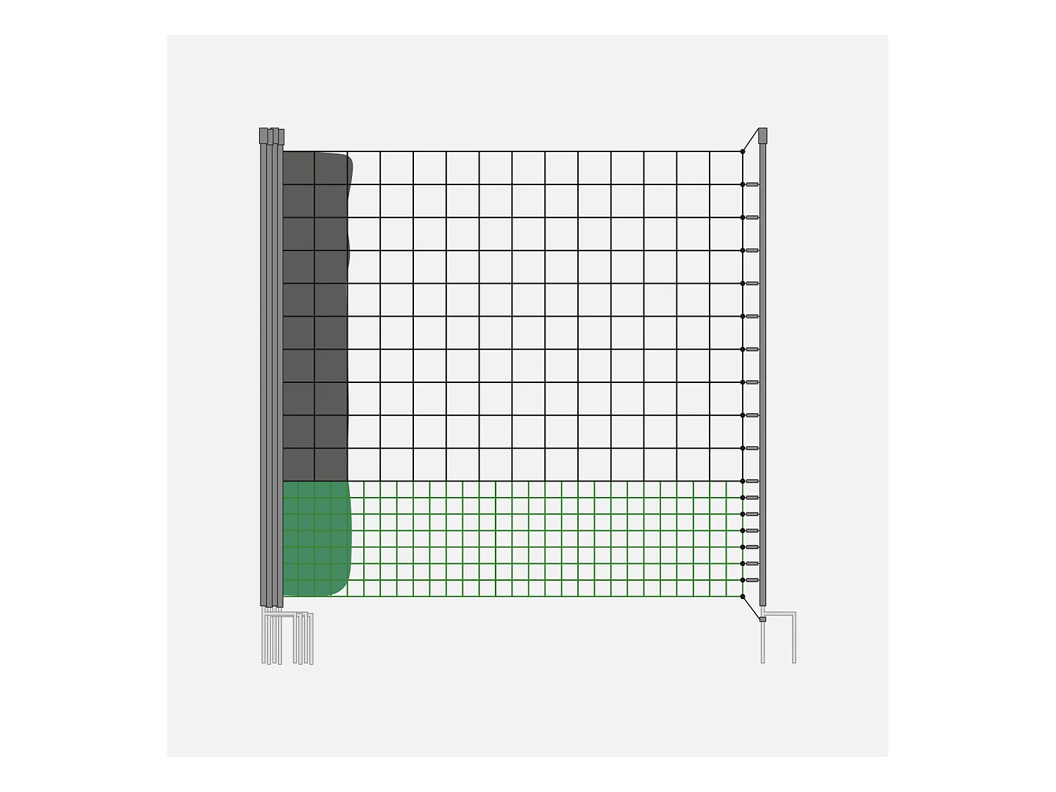 Kit filet  clôtures pour poules 12m avec 5 piquets double pointes. modulable. porte d'accès. sardines incluses