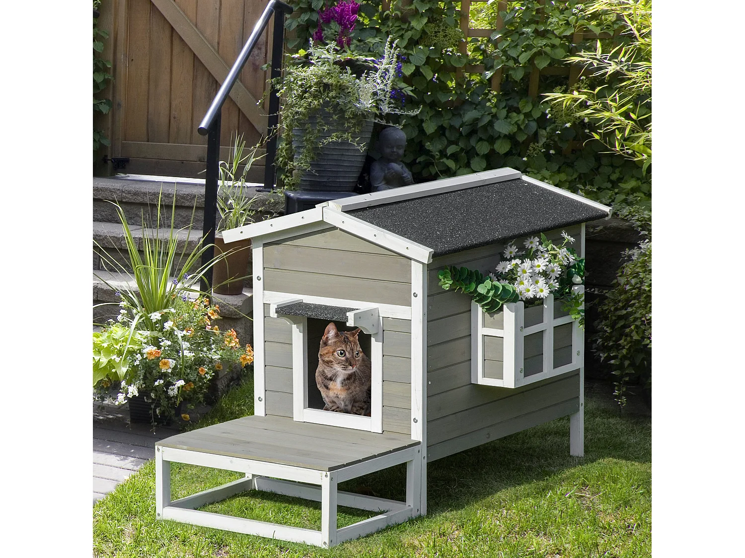 Maison lodge sur pied - niche villa chat petit chien - terrasse, toit bitumé, jardinière, 2 portes - bois sapin pré-huilé peint