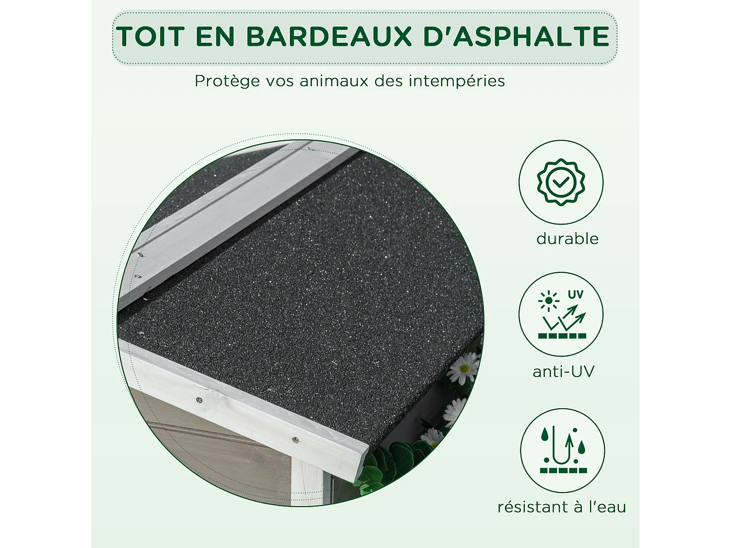 Maison lodge sur pied - niche villa chat petit chien - terrasse, toit bitumé, jardinière, 2 portes - bois sapin pré-huilé peint