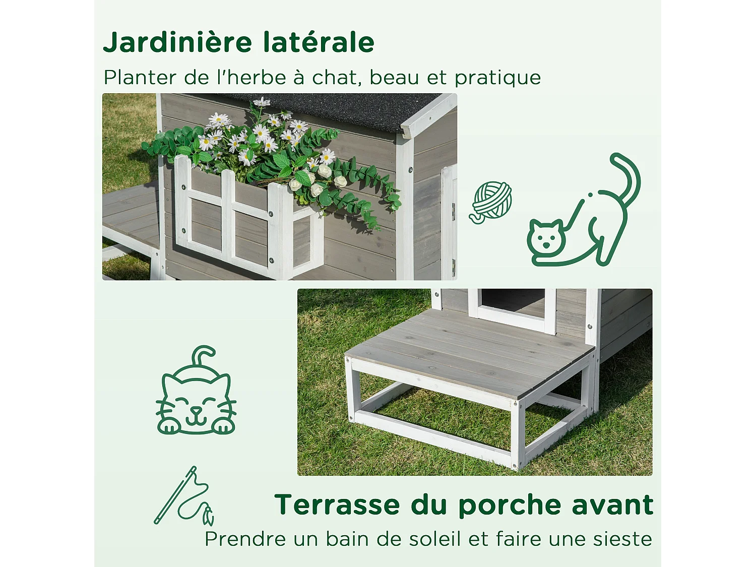 Maison lodge sur pied - niche villa chat petit chien - terrasse, toit bitumé, jardinière, 2 portes - bois sapin pré-huilé peint