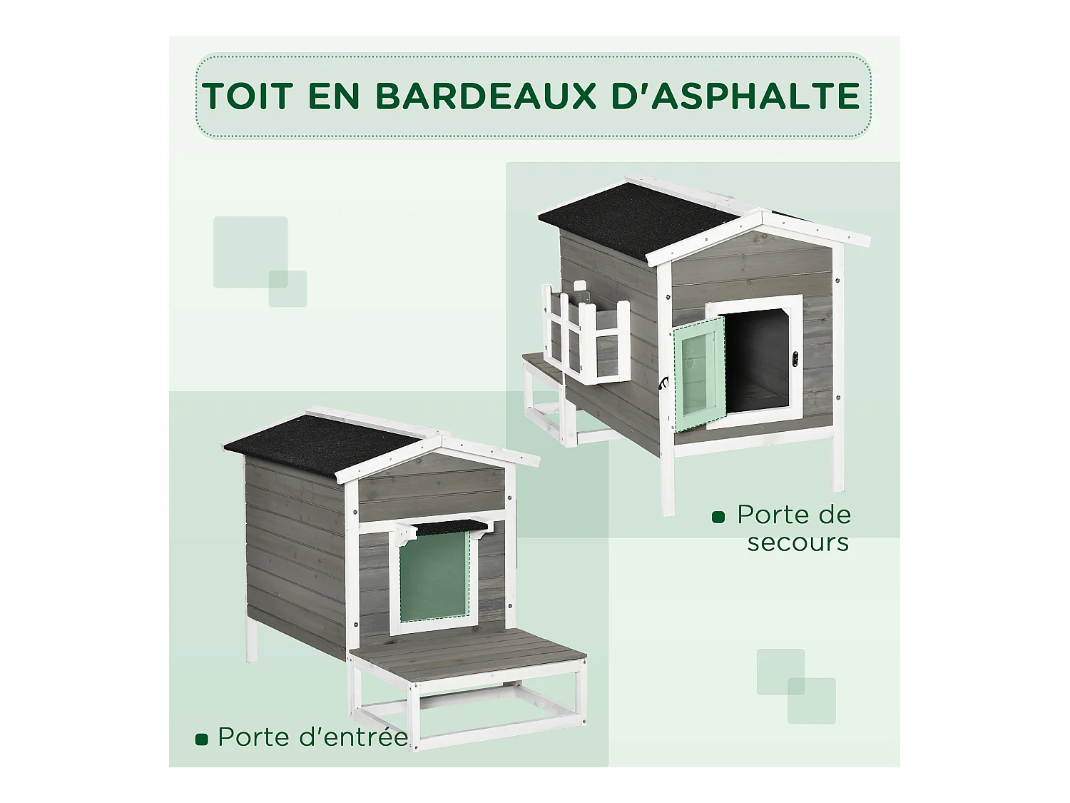 Maison lodge sur pied - niche villa chat petit chien - terrasse, toit bitumé, jardinière, 2 portes - bois sapin pré-huilé peint