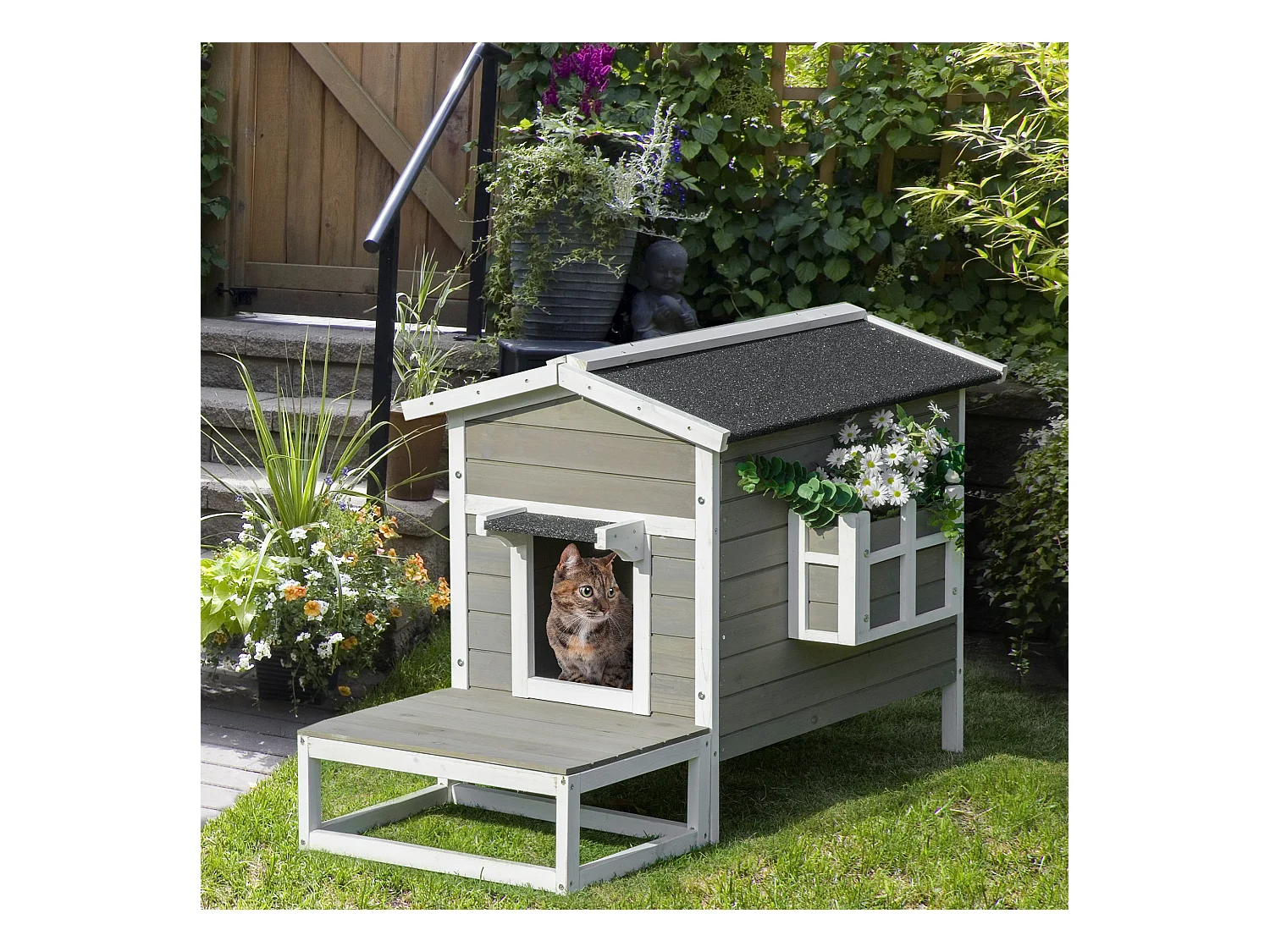 Maison lodge sur pied - niche villa chat petit chien - terrasse, toit bitumé, jardinière, 2 portes - bois sapin pré-huilé peint
