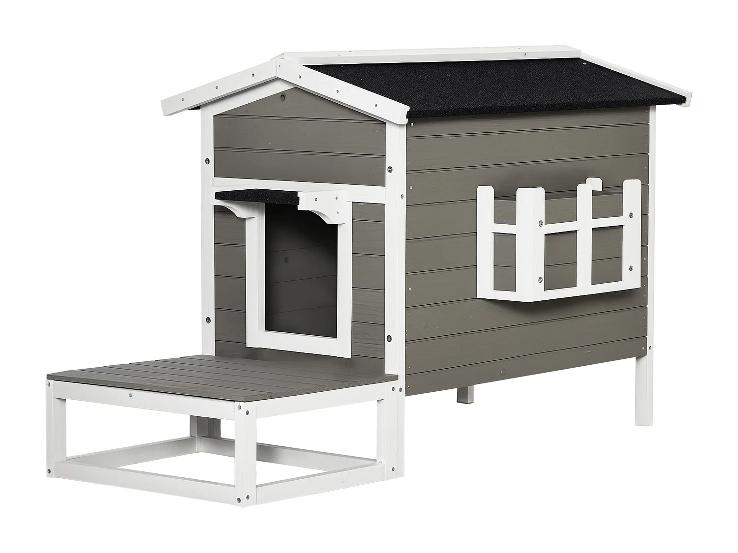 Maison lodge sur pied - niche villa chat petit chien - terrasse, toit bitumé, jardinière, 2 portes - bois sapin pré-huilé peint