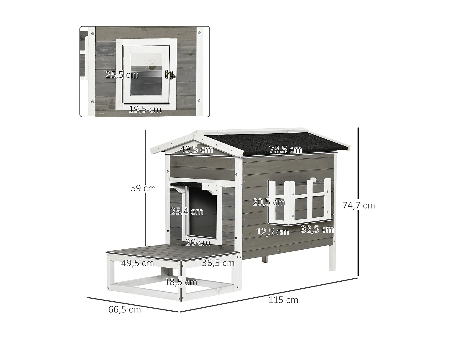 Maison lodge sur pied - niche villa chat petit chien - terrasse, toit bitumé, jardinière, 2 portes - bois sapin pré-huilé peint
