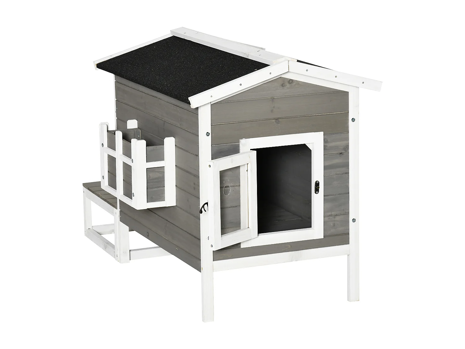 Maison lodge sur pied - niche villa chat petit chien - terrasse, toit bitumé, jardinière, 2 portes - bois sapin pré-huilé peint