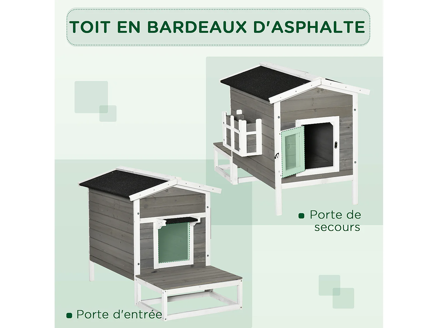 Maison lodge sur pied - niche villa chat petit chien - terrasse, toit bitumé, jardinière, 2 portes - bois sapin pré-huilé peint