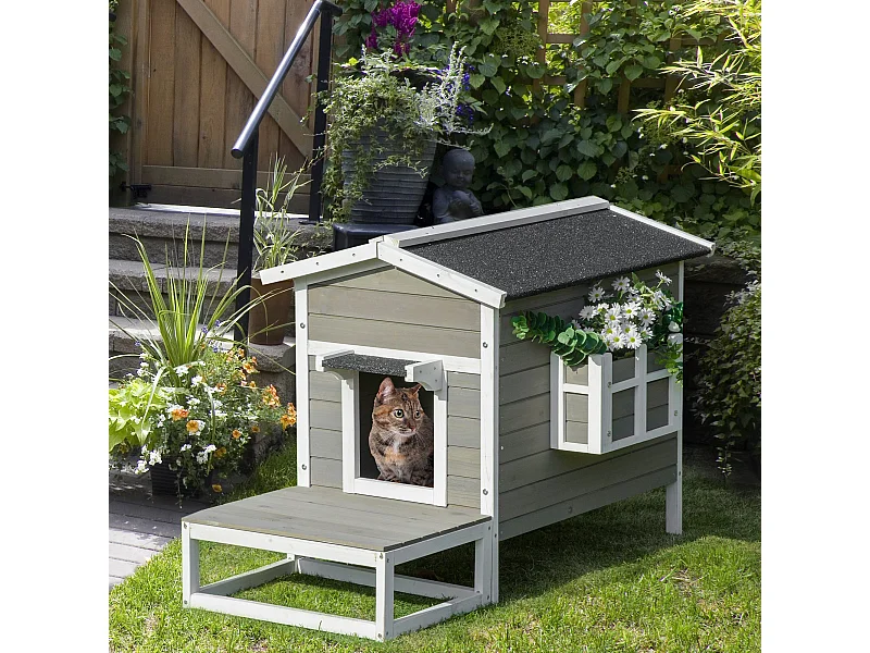Maison lodge sur pied - niche villa chat petit chien - terrasse, toit bitumé, jardinière, 2 portes - bois sapin pré-huilé peint