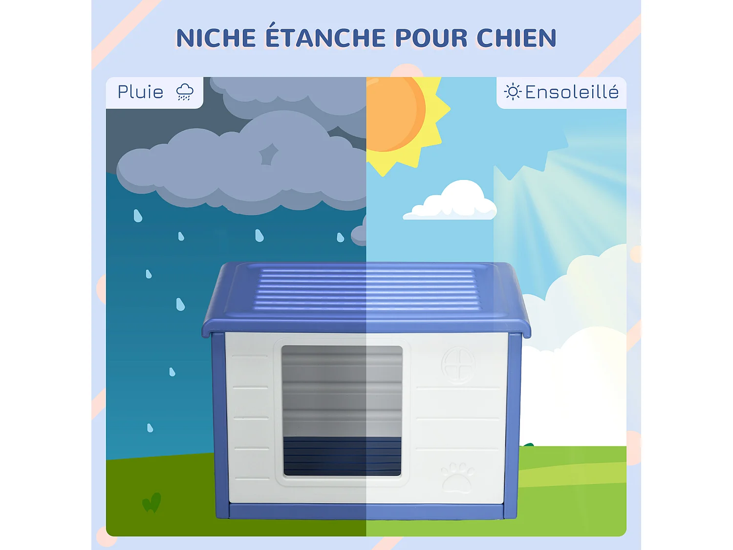 Niche pour chien design - dim. 60L x 42l x 40Hcm - PE bleu blanc