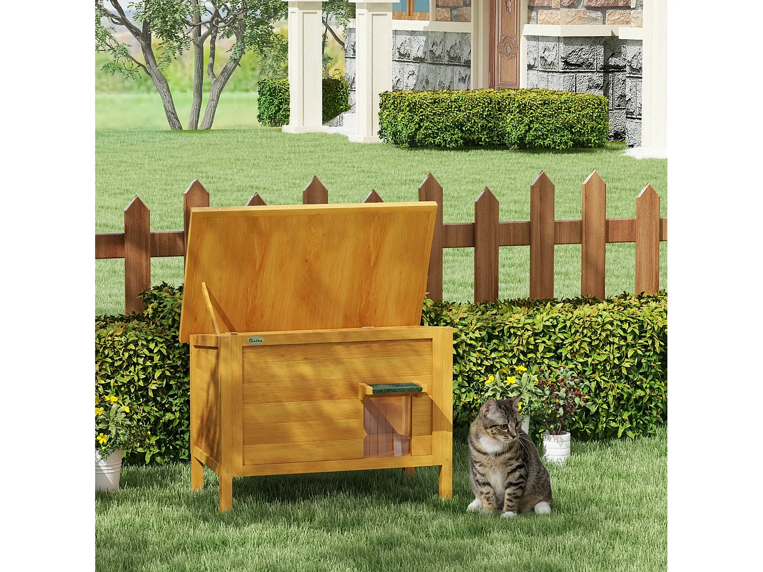Maison lodge sur pied - niche villa chat - toit ouvrant bitumé, porte extérieure/intérieure - bois sapin pré-huilé