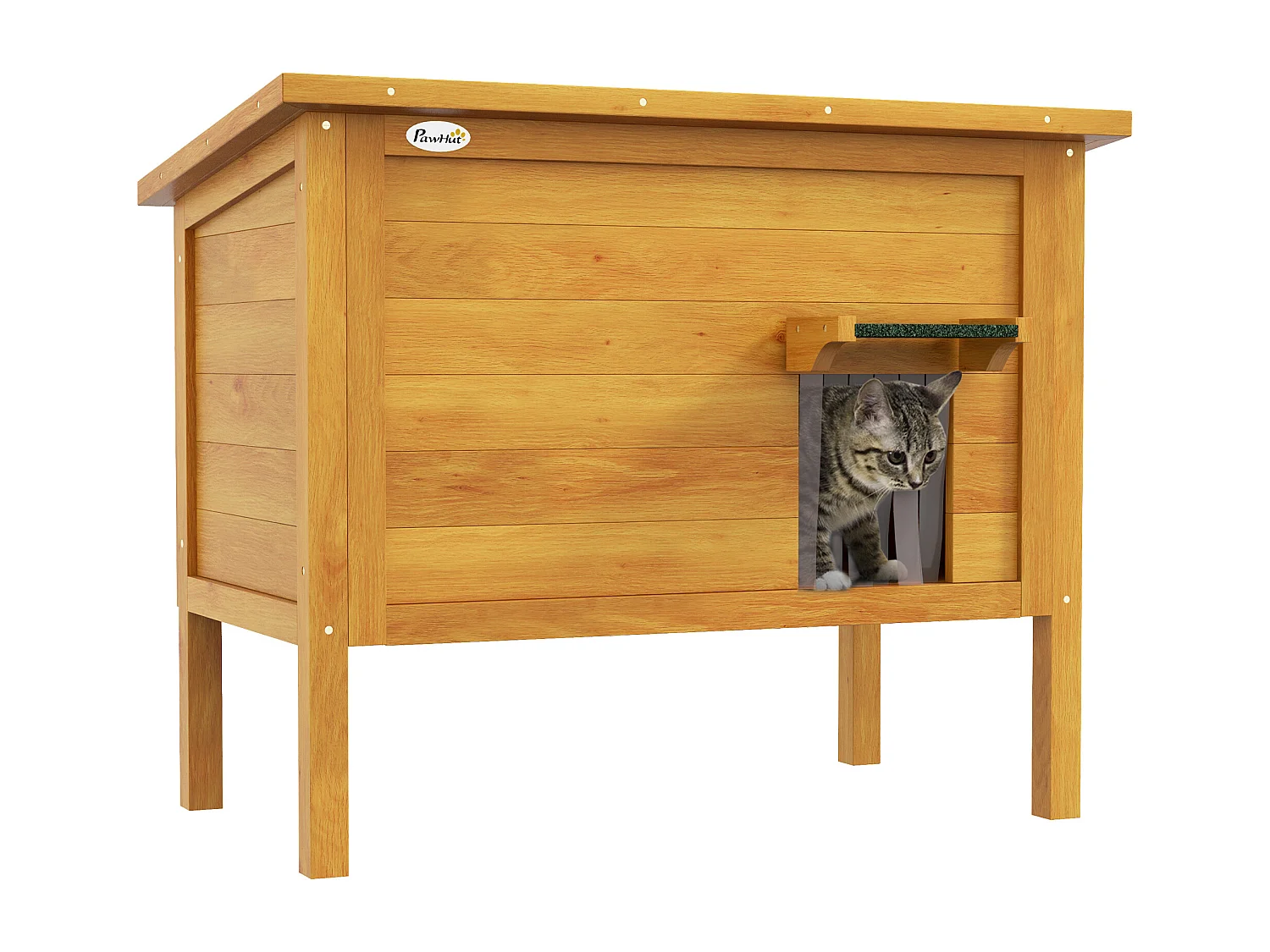 Maison lodge sur pied - niche villa chat - toit ouvrant bitumé, porte extérieure/intérieure - bois sapin pré-huilé