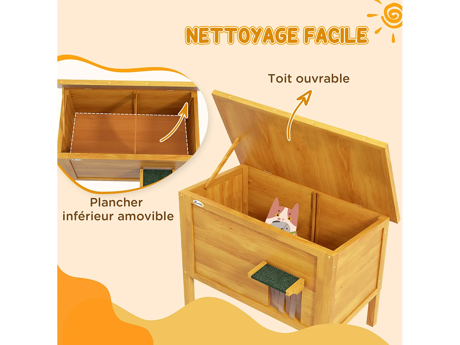 Maison lodge sur pied - niche villa chat - toit ouvrant bitumé, porte extérieure/intérieure - bois sapin pré-huilé