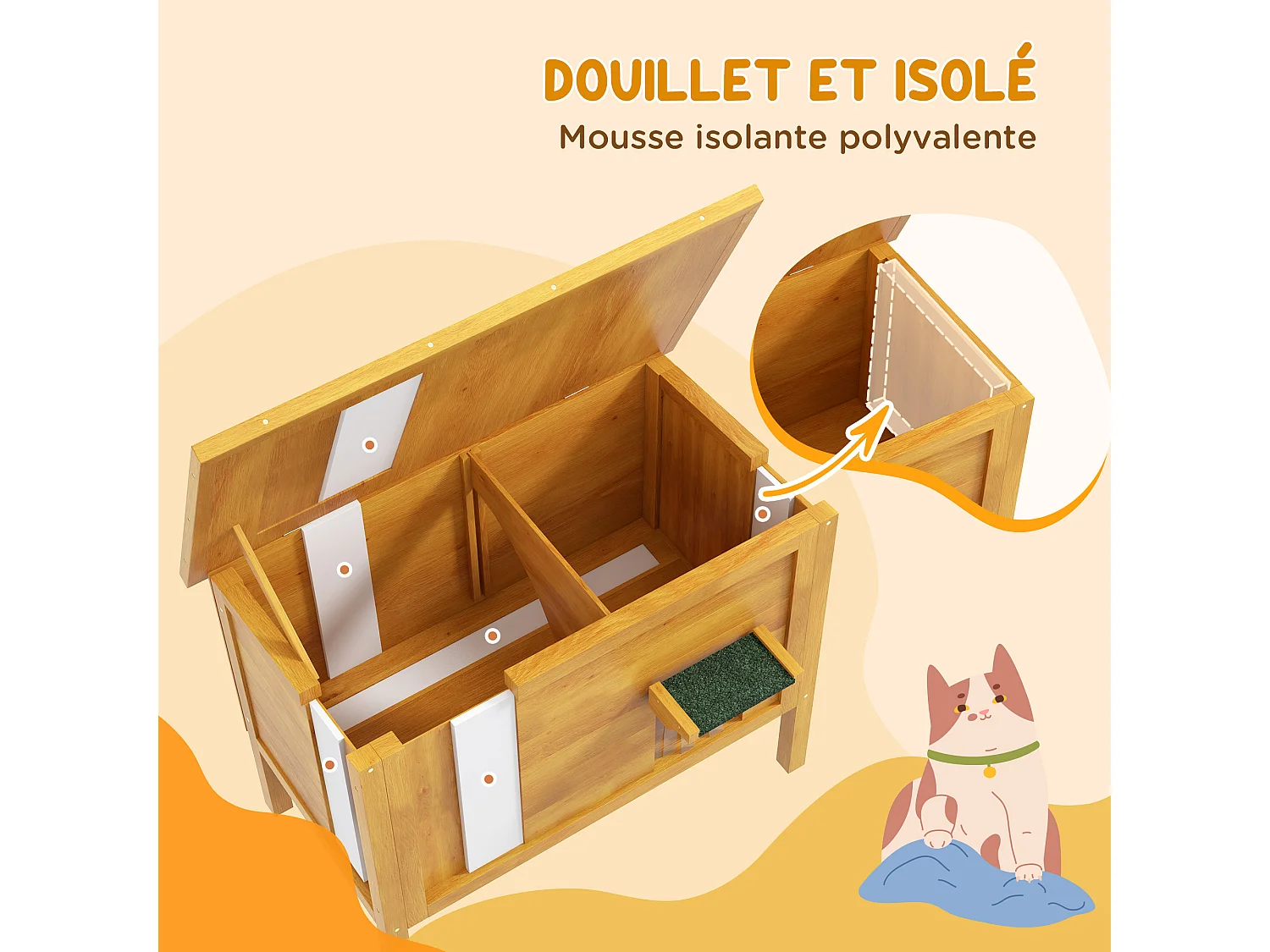 Maison lodge sur pied - niche villa chat - toit ouvrant bitumé, porte extérieure/intérieure - bois sapin pré-huilé