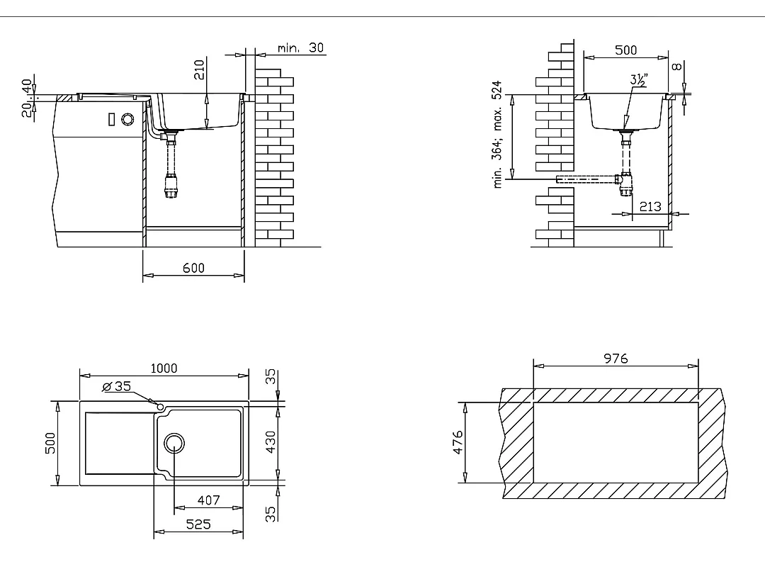 Lisse évier réversible 1 grande cuve 1 égouttoir en résine gris - Essebagno
