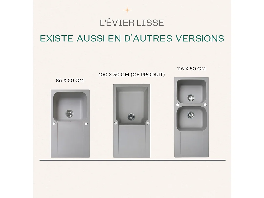 Lisse évier réversible 1 grande cuve 1 égouttoir en résine gris - Essebagno