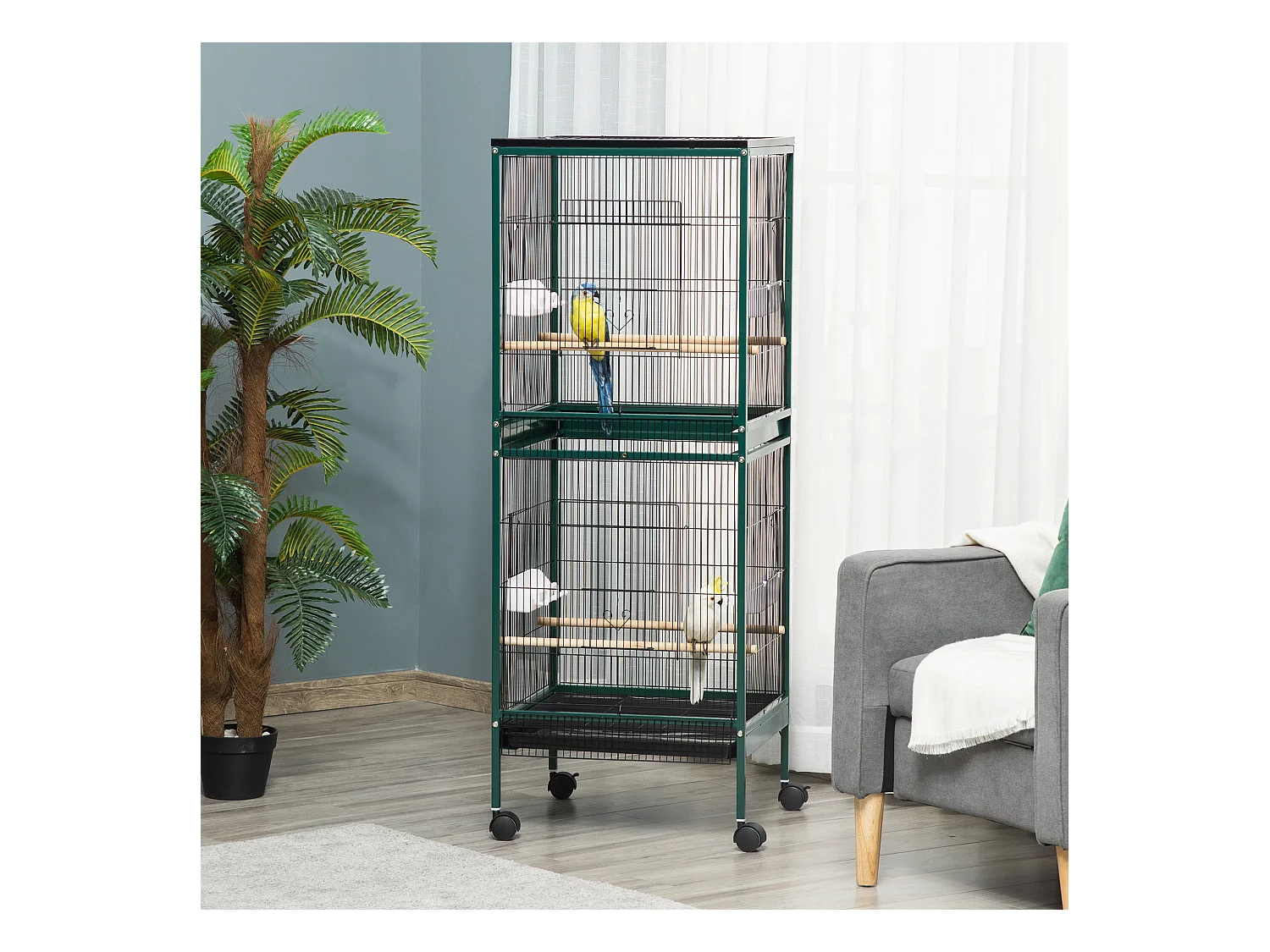 Grande cage à oiseaux sur pied à roulettes - volière double, mangeoires, perchoirs, plateau amovible - vert noir