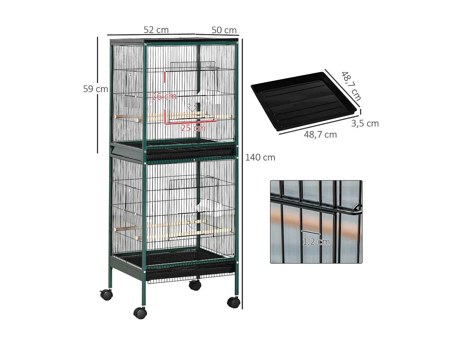 Grande cage à oiseaux sur pied à roulettes - volière double, mangeoires, perchoirs, plateau amovible - vert noir