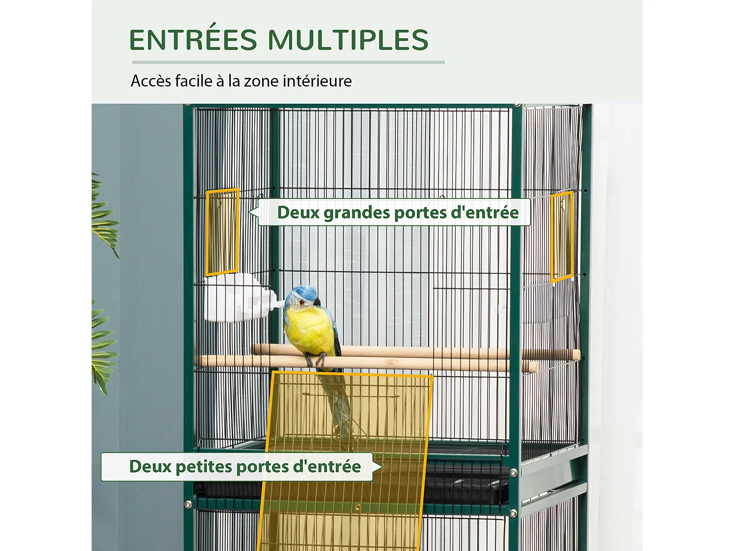 Grande cage à oiseaux sur pied à roulettes - volière double, mangeoires, perchoirs, plateau amovible - vert noir