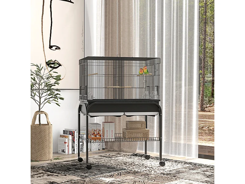 Grande cage oiseaux - cage perroquet - grande volière sur roulettes - étagère, plateaux coulissants, accessoires - noir
