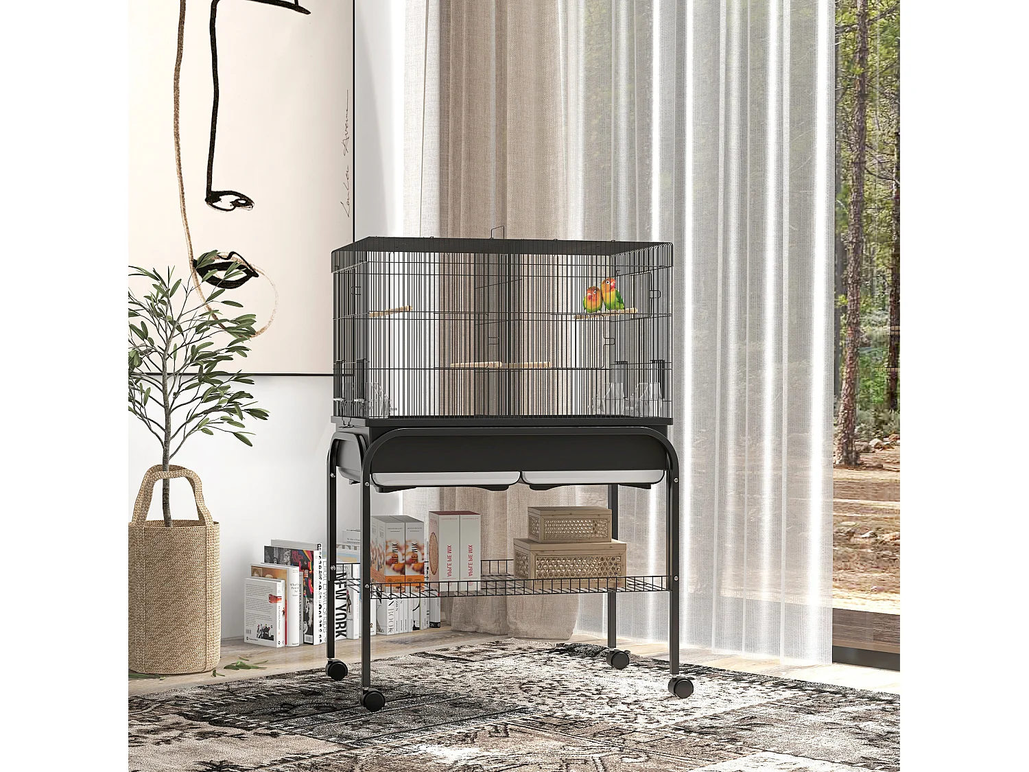 Grande cage oiseaux - cage perroquet - grande volière sur roulettes - étagère, plateaux coulissants, accessoires - noir