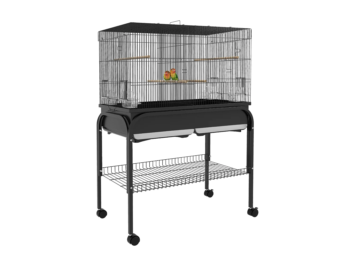 Grande cage oiseaux - cage perroquet - grande volière sur roulettes - étagère, plateaux coulissants, accessoires - noir