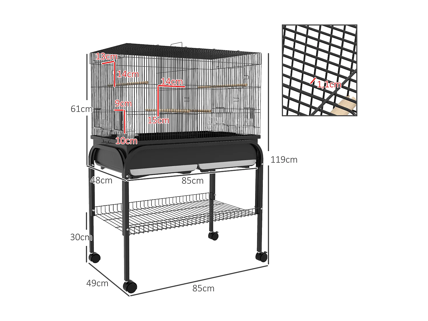 Grande cage oiseaux - cage perroquet - grande volière sur roulettes - étagère, plateaux coulissants, accessoires - noir