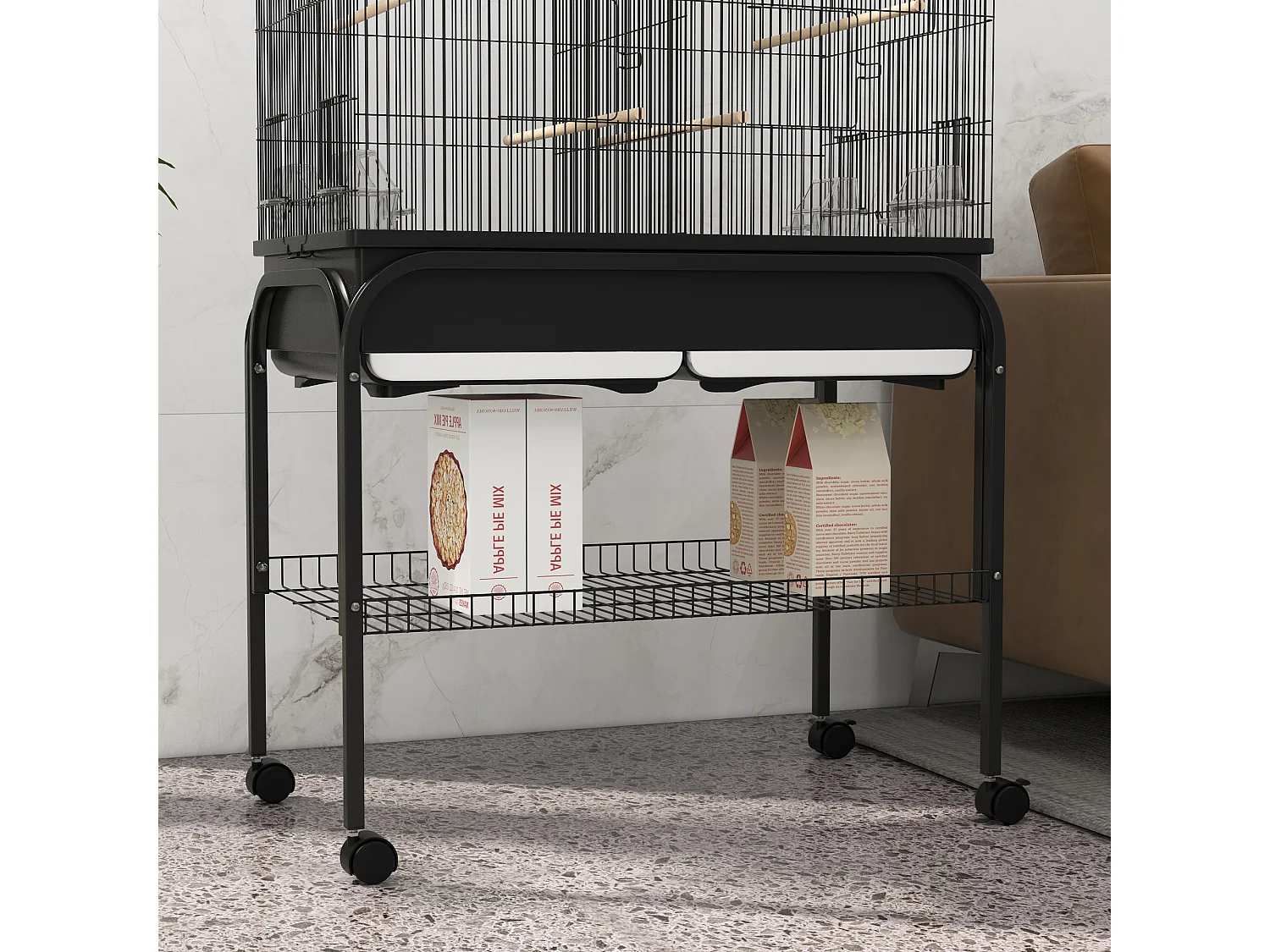 Grande cage oiseaux - cage perroquet - grande volière sur roulettes - étagère, plateaux coulissants, accessoires - noir