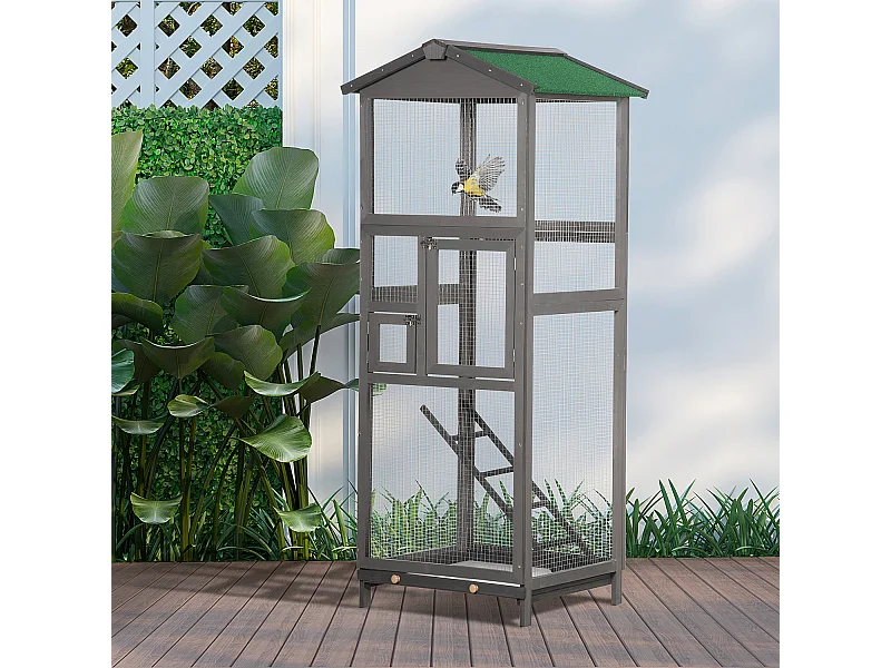 Cage à oiseaux volière grande taille 2 portes toit asphalte tiroir amovible bois gris