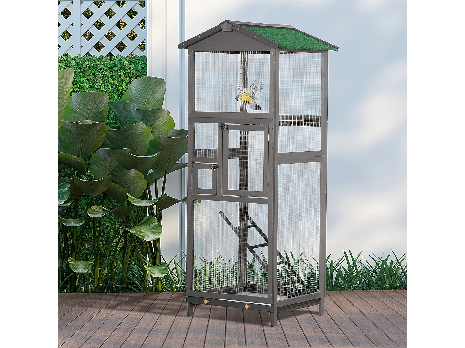 Cage à oiseaux volière grande taille 2 portes toit asphalte tiroir amovible bois gris