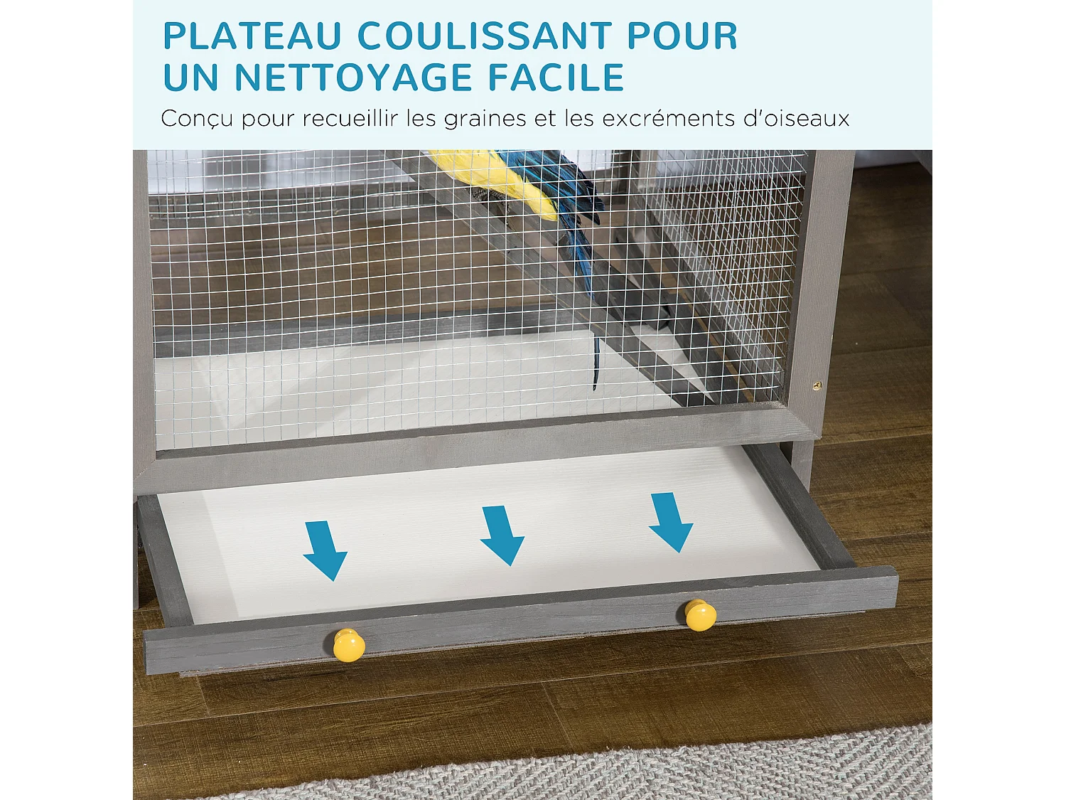 Cage à oiseaux volière grande taille 2 portes toit asphalte tiroir amovible bois gris