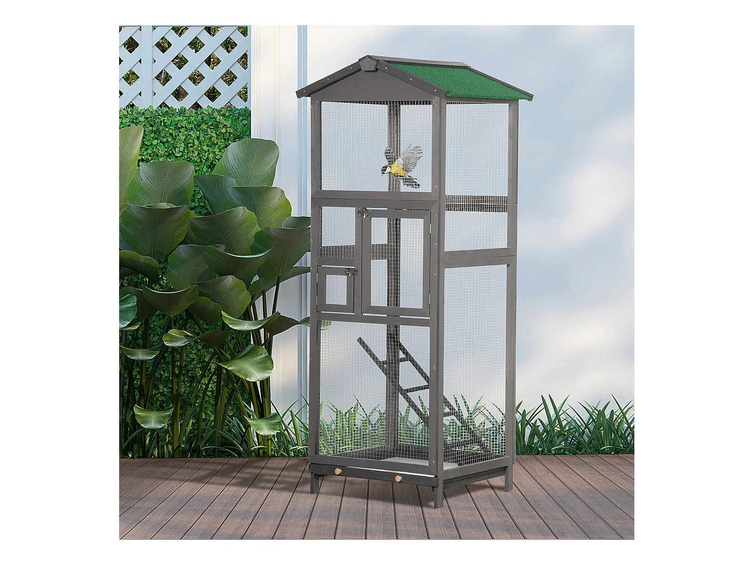 Cage à oiseaux volière grande taille 2 portes toit asphalte tiroir amovible bois gris