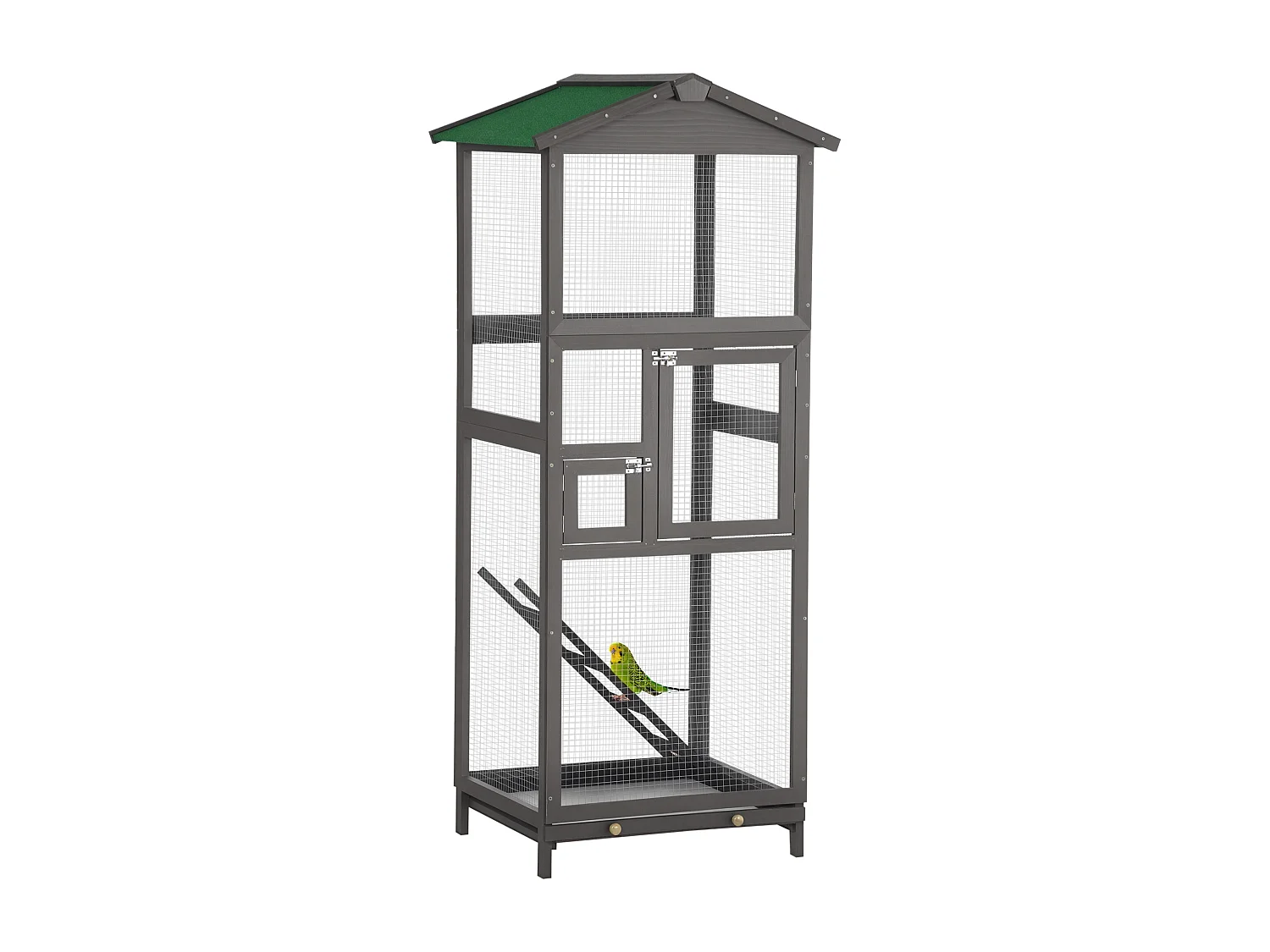 Cage à oiseaux volière grande taille 2 portes toit asphalte tiroir amovible bois gris