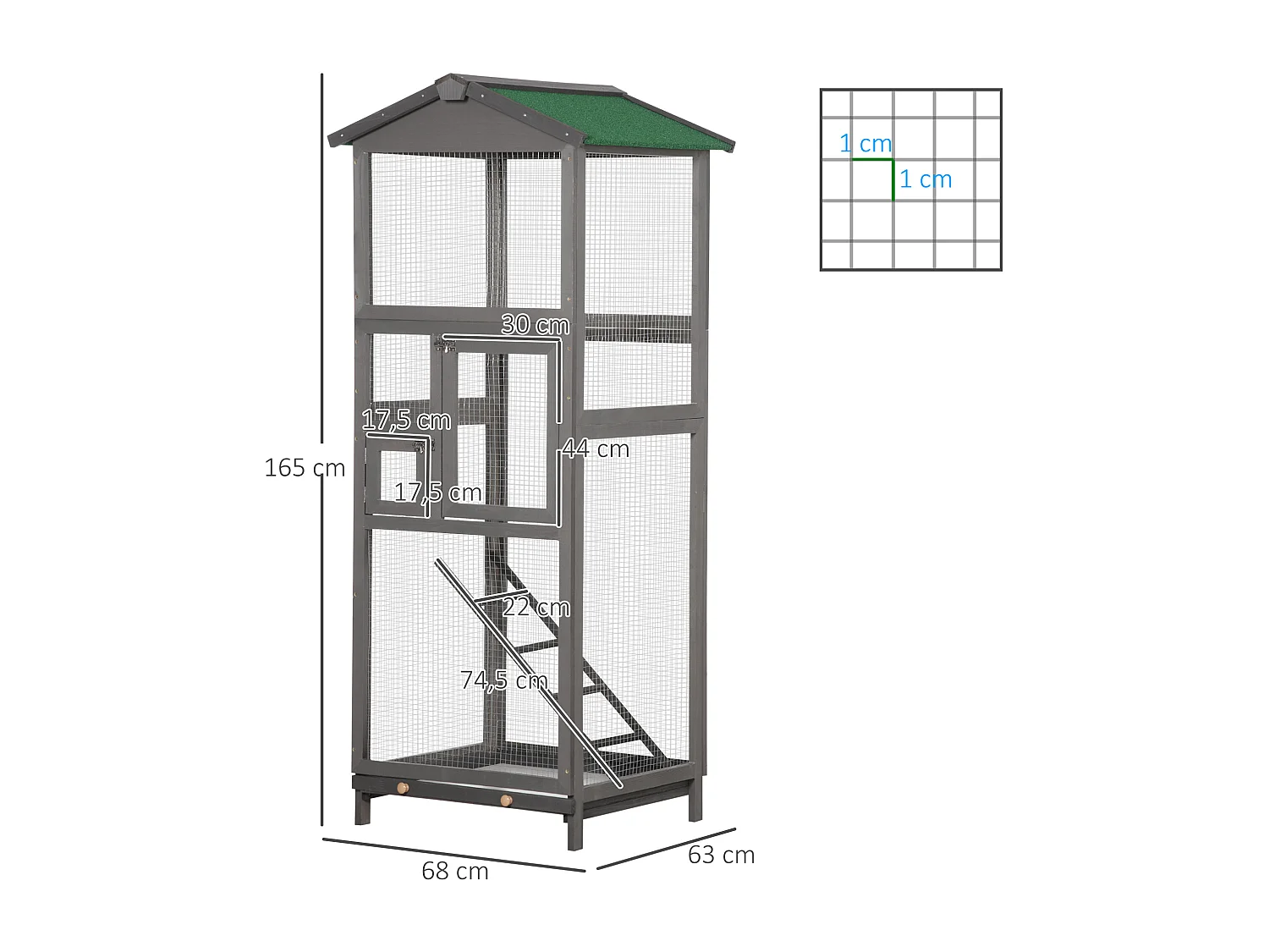 Cage à oiseaux volière grande taille 2 portes toit asphalte tiroir amovible bois gris