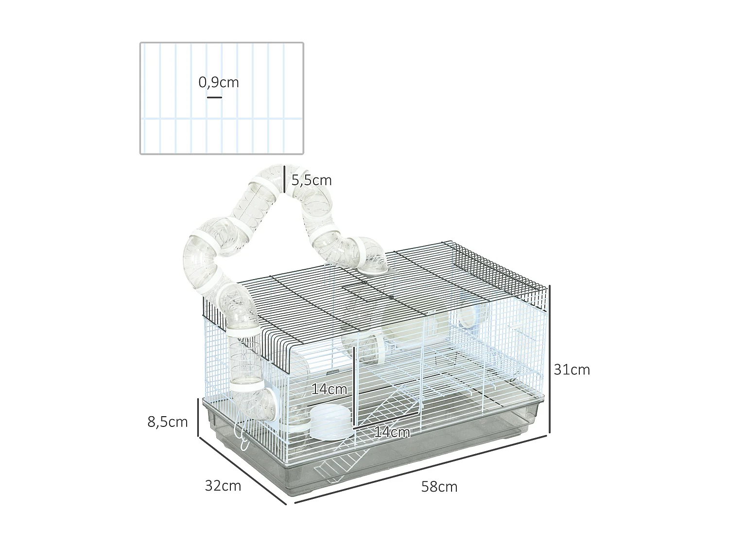 Cage rongeur hamster - tunnel, poignée, accessoires - plastique acier gris blanc