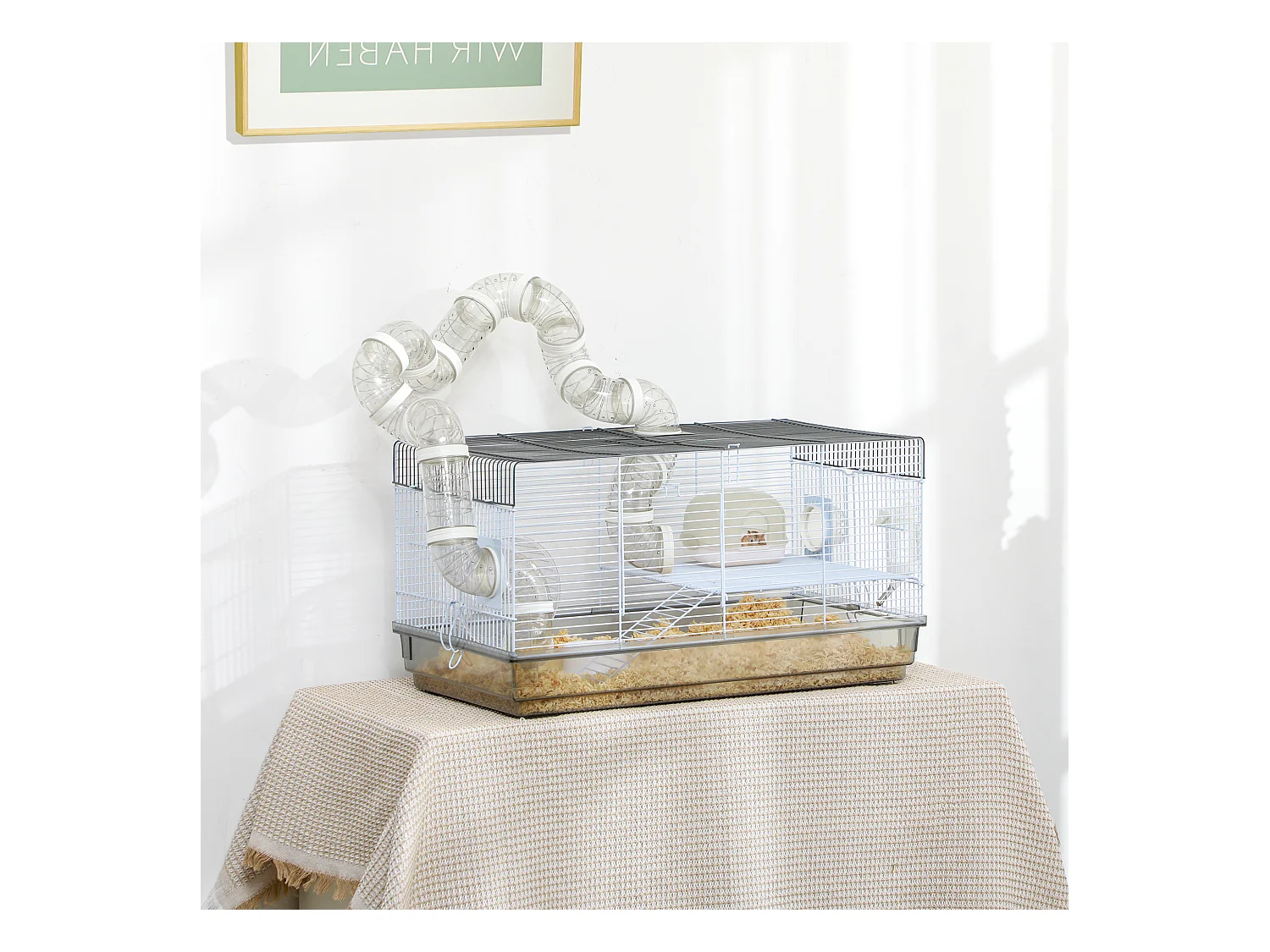 Cage rongeur hamster - tunnel, poignée, accessoires - plastique acier gris blanc