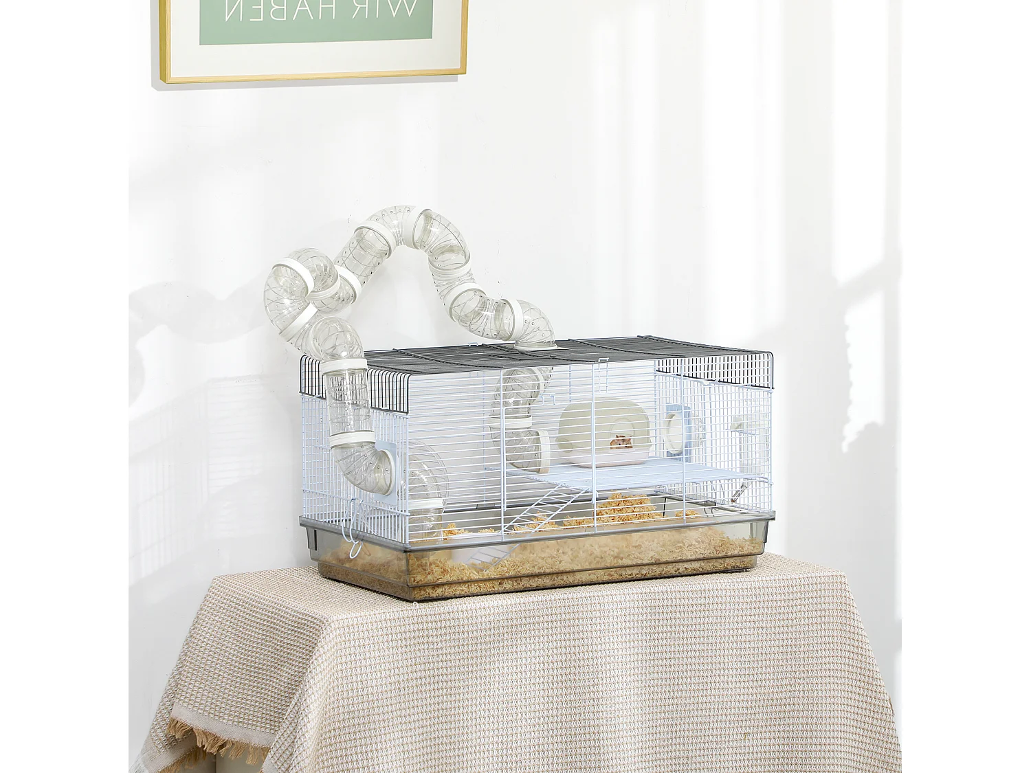 Cage rongeur hamster - tunnel, poignée, accessoires - plastique acier gris blanc