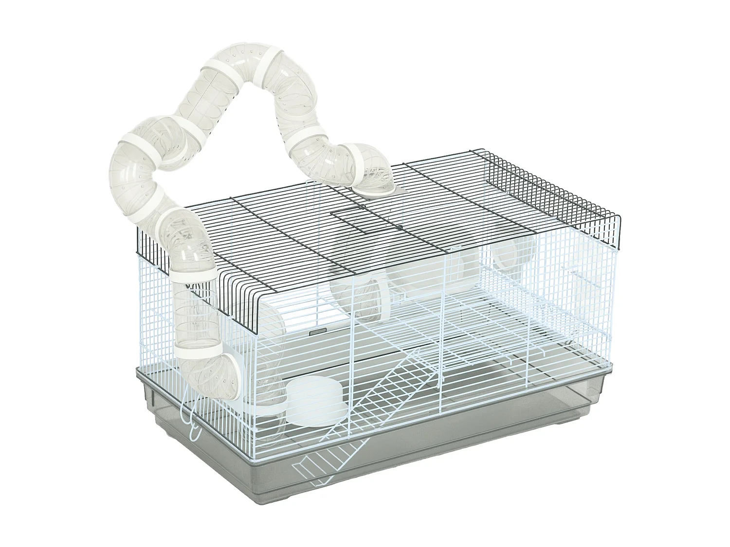 Cage rongeur hamster - tunnel, poignée, accessoires - plastique acier gris blanc